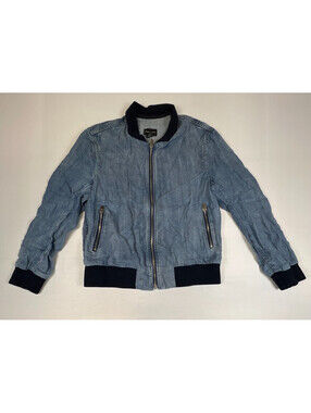 Club Monaco Mens Small Blue Denim Bomber Jacket Full Zip Casual Lightweight